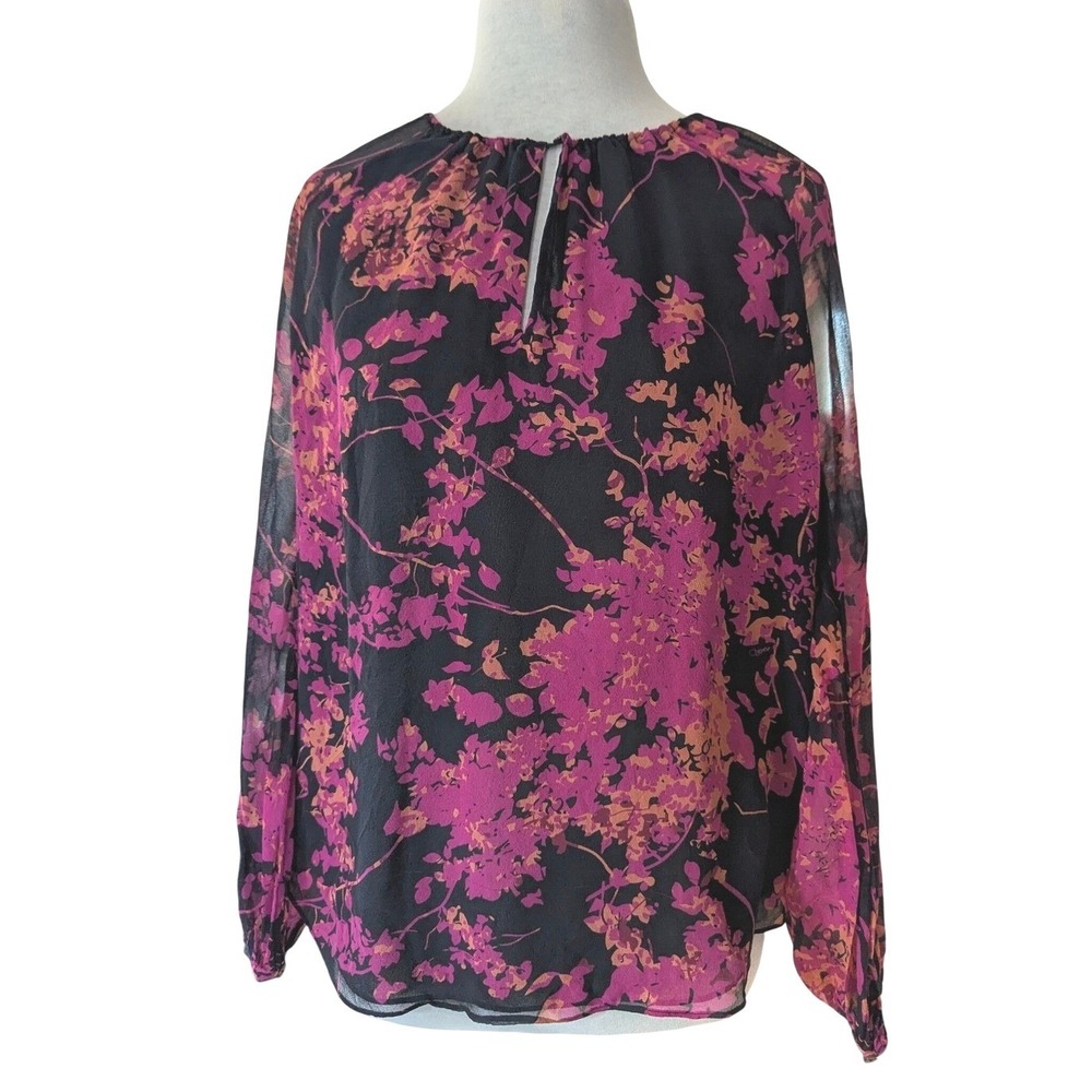Diane von Furstenberg Silk‎ Floral Blouse Pink Orange Black 2 Sheer Long Sleeve